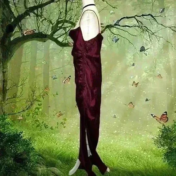 BHLDN DARK BERRY Women's Jennings Ruched Side-Slit Satin Gown - Picture 11 of 12